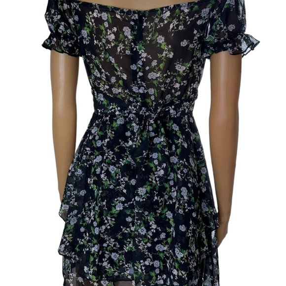 Womens Boho Playsuit Romper Small S Black Green Floral Off The Shoulders Lined - Picture 2 of 16